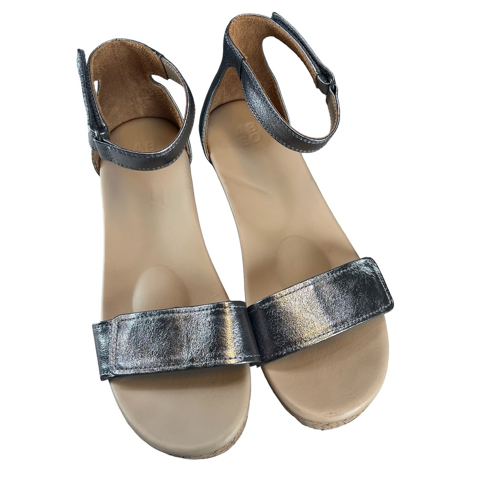 ABEO Cecile Silver Metallic Leather Cork Wedge Sandals Comfort Ankle Strap 9